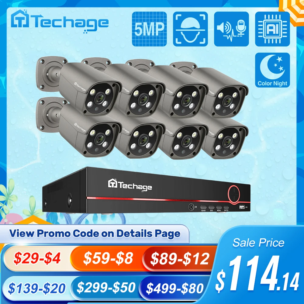 Techage 8CH 5MP 8MP Security Camera System 4K HD POE NVR Kit Two Way Audio Face Detect Outdoor Video Surveillance IP Camera Set