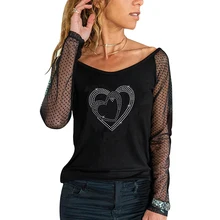 

Fashion Women Geometric Long Sleeve Tops Rhinestone Casual Mesh Long Sleeve Pullover Round Neck Sequins Heart Print Female Tees