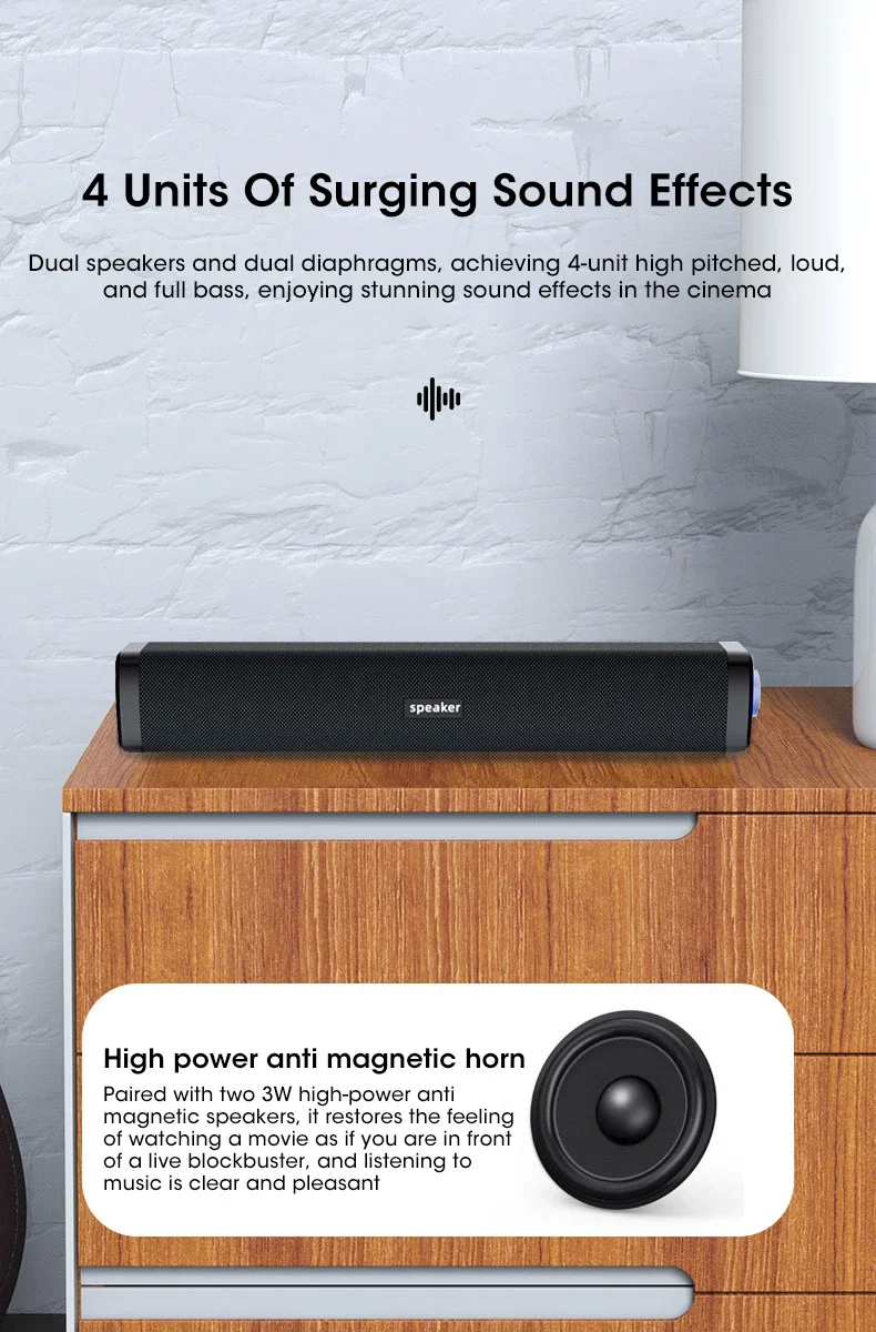 Description Picture 2 of itemBluetooth 4D Surround Speaker USB Powered Stereo Bass Sound Dual Desktop Speakers Home Surround SoundBar for Phone Laptop Tablet