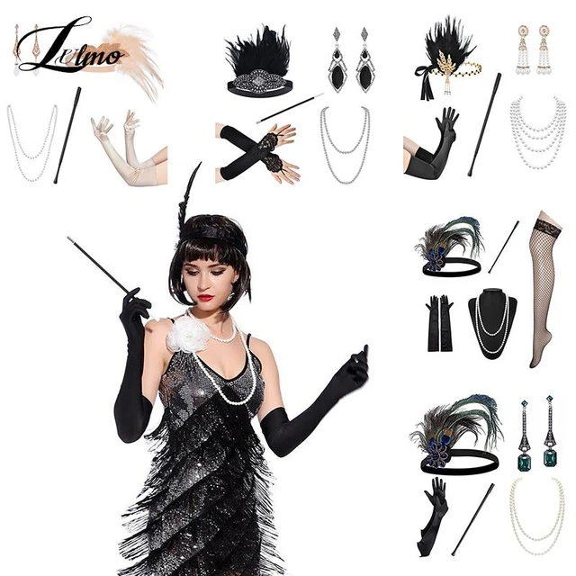 5pcs 1920s Great Gatsby Theme Party Costume Accessory Set Vintage Flapper  Dress Accessory Women Glove Hair Jewelry