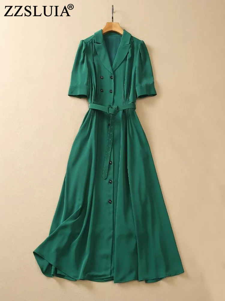 

ZZSLUIA Elegant Dresses For Women Solid Color Shirring Designer Slim Midi Dress With Belt Fashion Short Sleeve France Dresses