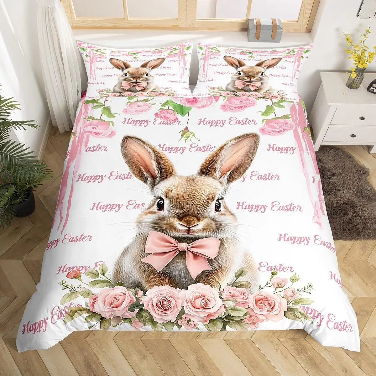 Easter Rose Rabbit Duvet Cover Cute Bunny Happy Easter Bedding Set Full for Kids Boys Girls,Rustic Flower Animal Comforter Cover 3