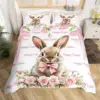 Easter Rose Rabbit Duvet Cover Cute Bunny Happy Easter Bedding Set Full for Kids Boys Girls,Rustic Flower Animal Comforter Cover 3