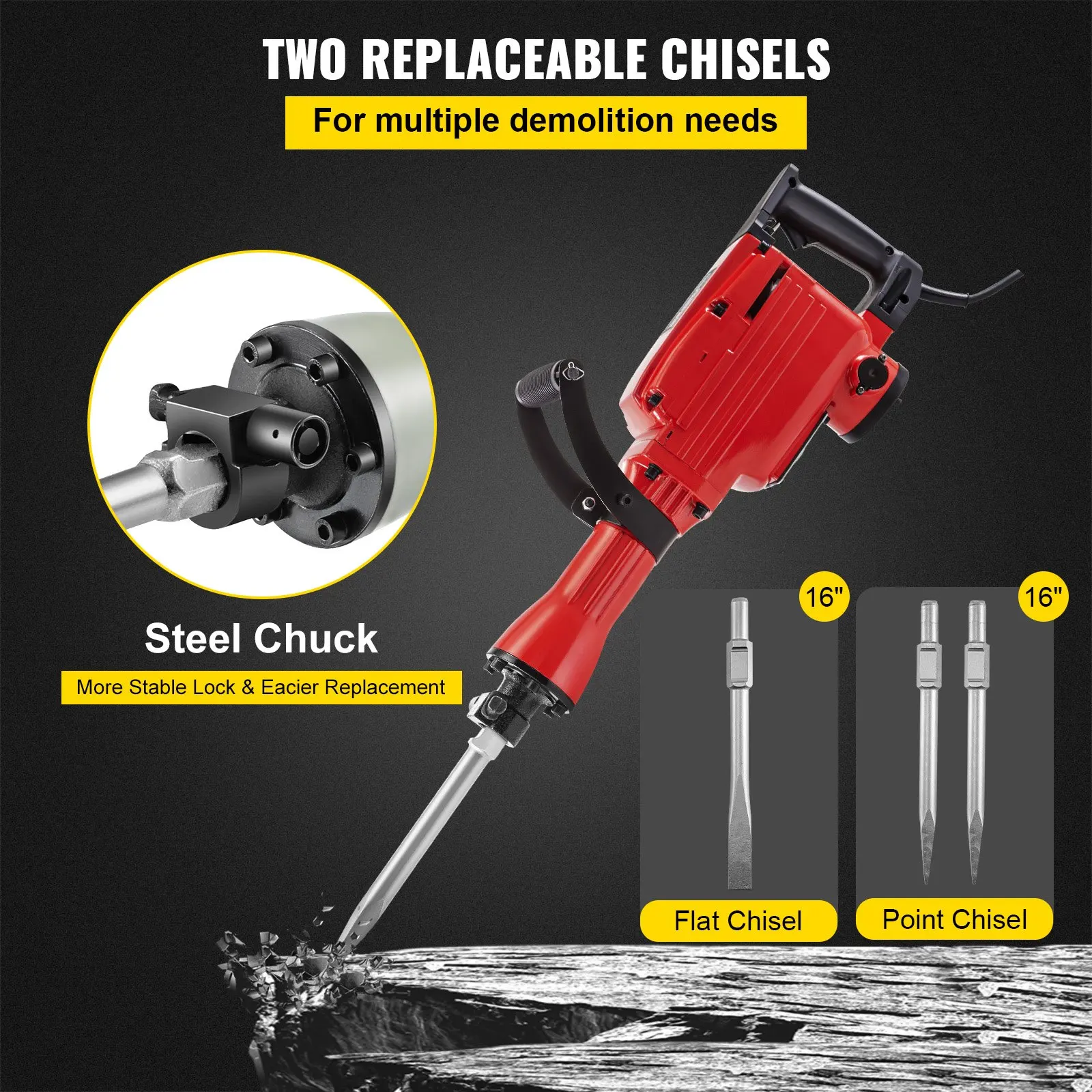 2200W Demolition Jack Hammer Concrete Breaker 1200 BPM Heavy Duty Electric  Jack Hammer 3 Chisel Bit W/Gloves & 360° Swiveling