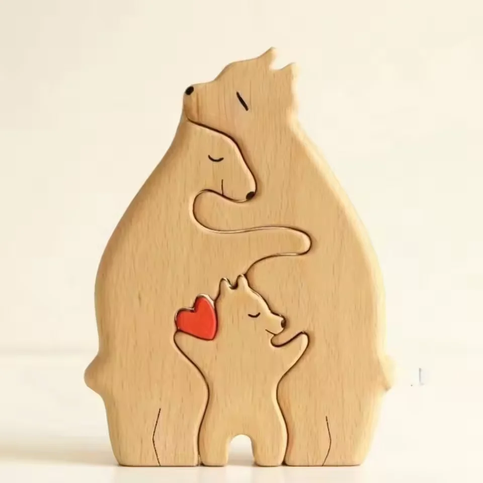 Cozy Bear Family Wooden Sculpture - Handcrafted Desk Decor & Gift Ornament