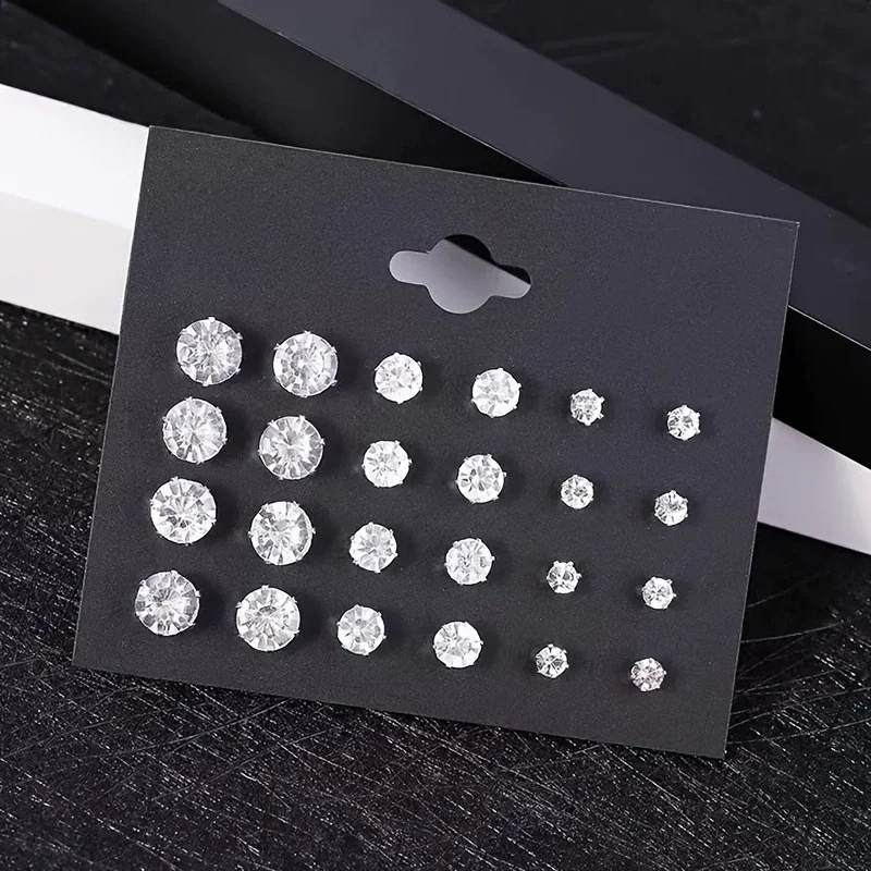Wedding stud earrings set 12 pair pack for women men crystal rhinestone party jewelry