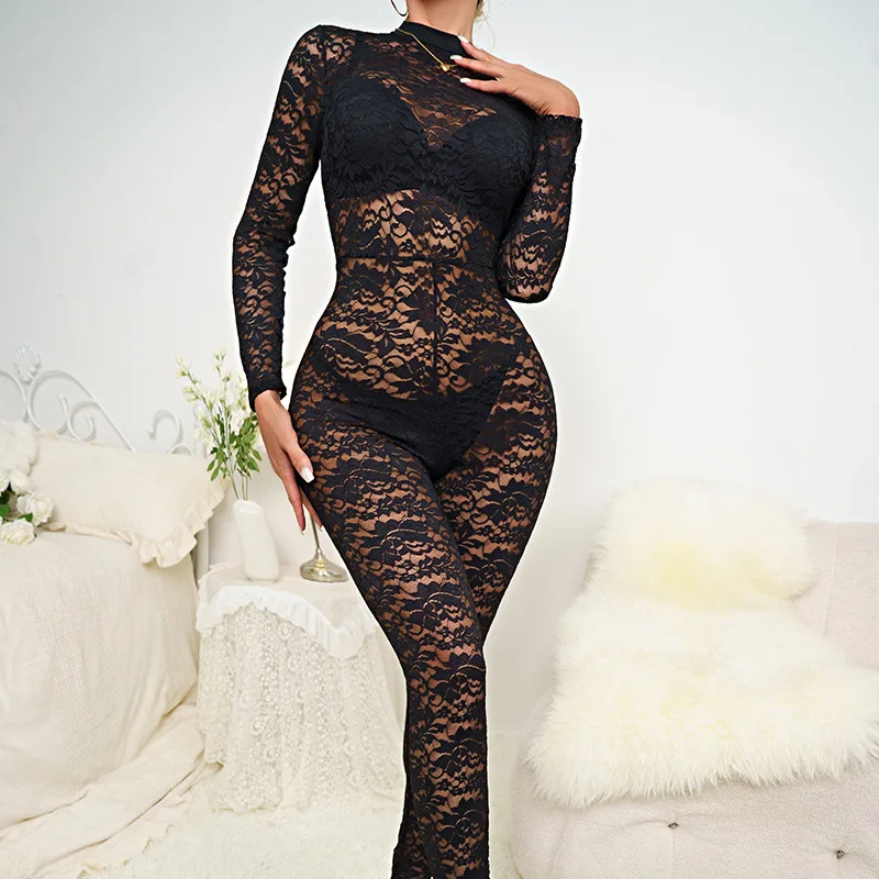 Summer New Sexy  Girl Black Lace Jacquard Hollow Perspective Long Sleeve Temperament Slim Fit jumpsuit  jump suits for women