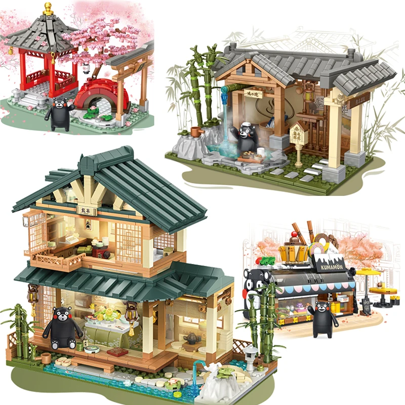 

Kumamon Bear City Stree View Sakura Flowers House Building Blocks Coffee Shop Creativity Country Bricks Toys Gifts For Kids Boy