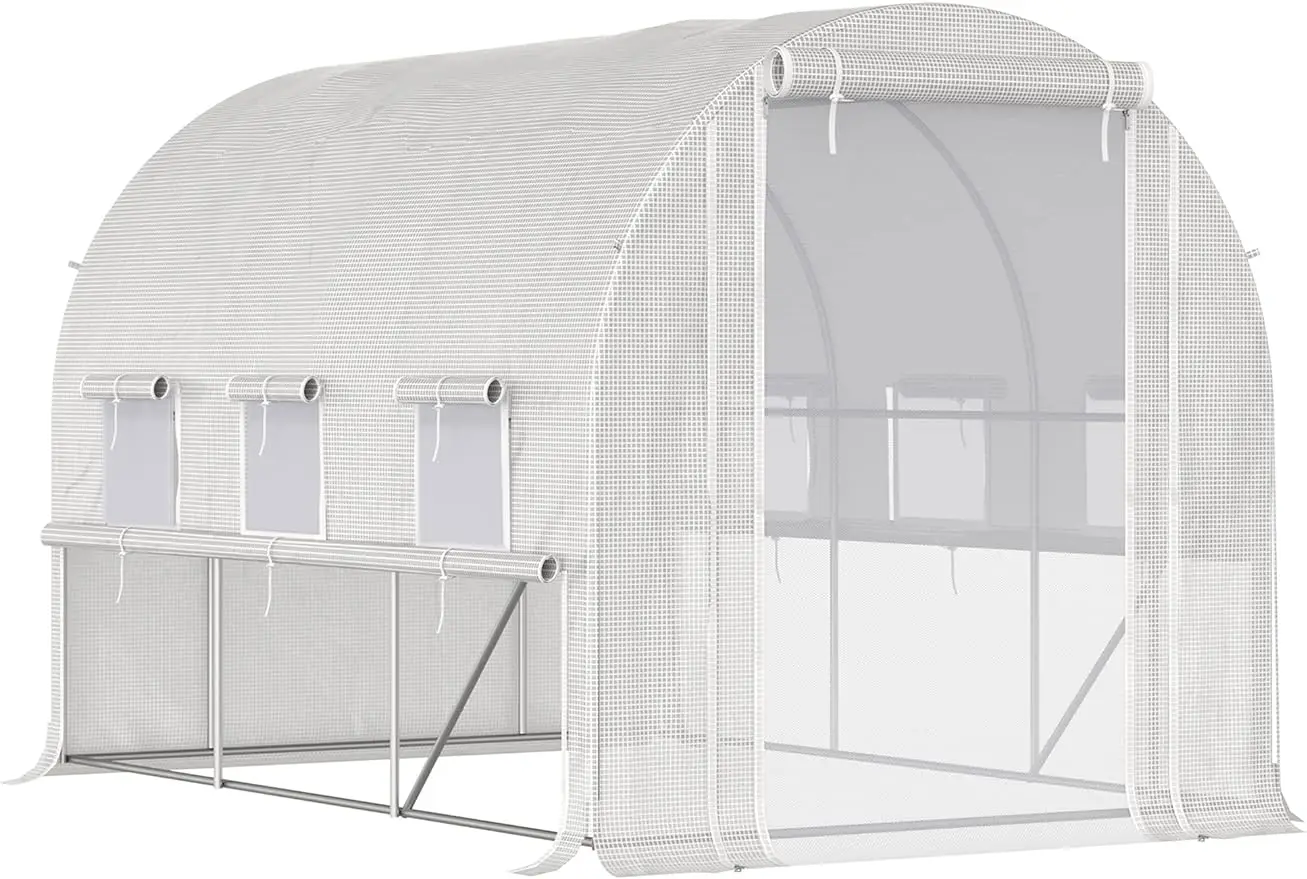 

9.7' x 6.5' x 6.5' Walk-in Tunnel Greenhouse, Outside Hot House with 8 Mesh Windows, Zippered Door, PE Cover, Steel Frame, White