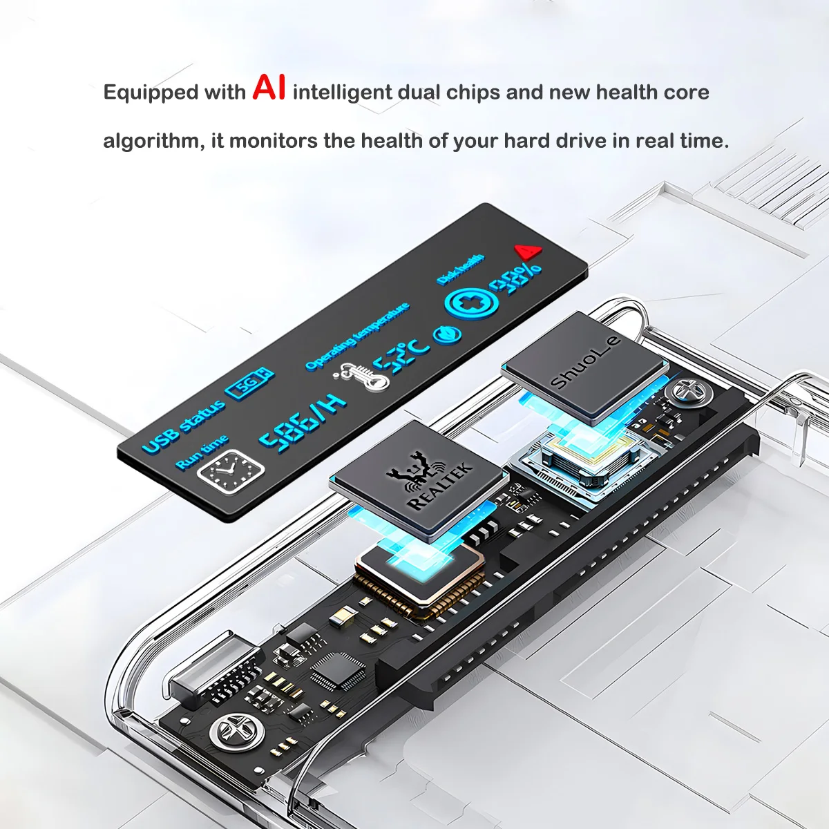 Transparent USB 3.2 External HDD/SSD Enclosure - 2.5 Inch High-Speed Storage Case