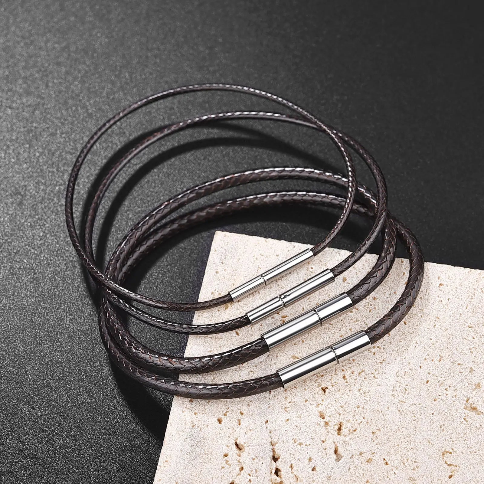 Elegant Black Brown Leather Bracelet Cord with Stainless Steel Clasp