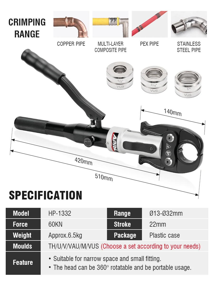 Hydraulic Pex Pipe Crimping Tools HP-1332 Pressing Plumbing Tools for Aluminum Plastic Pipe, Stainless Steel and Copper Pipe 4