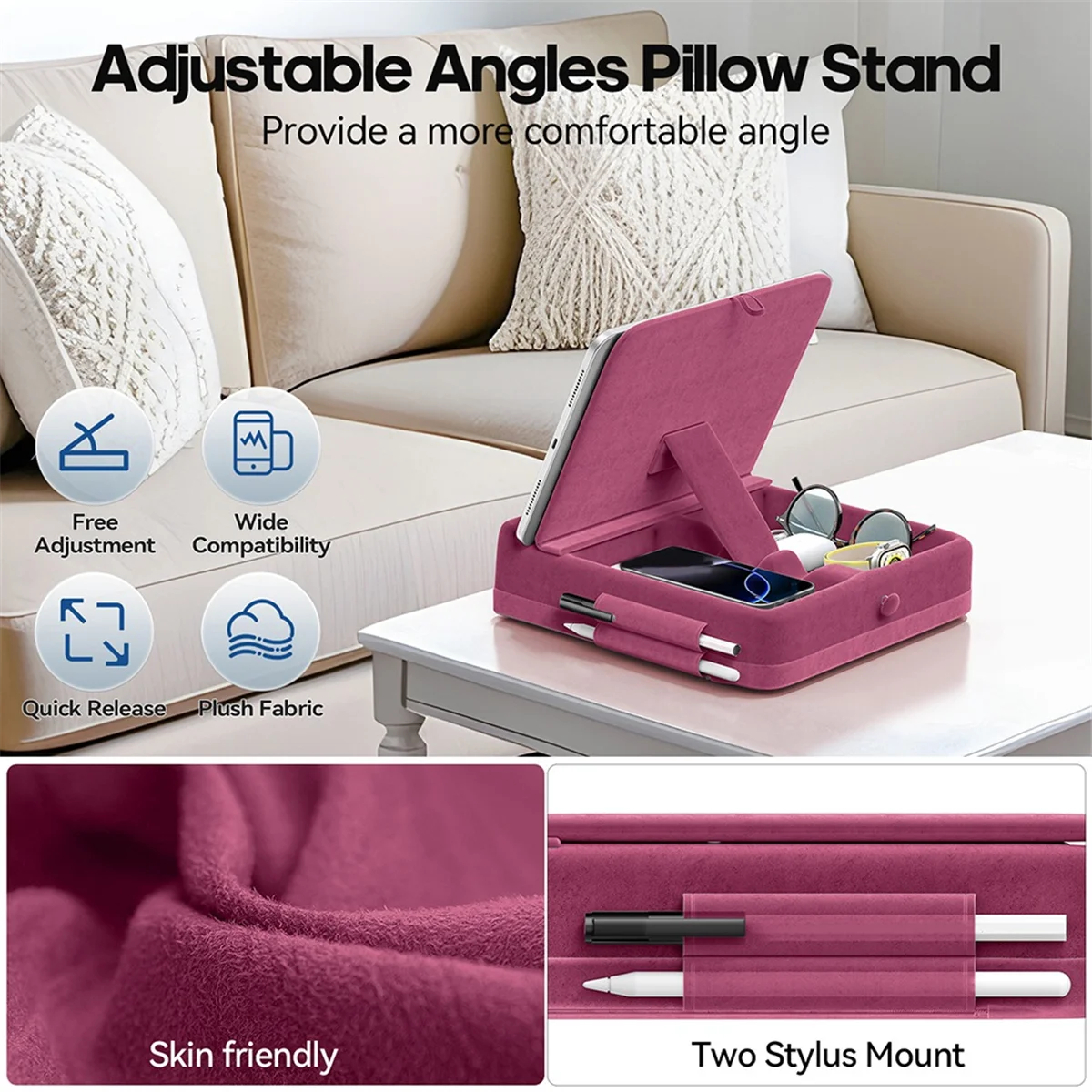 A04R-Tablet Pillow Stand with Storage Foldable Holder Angle Adjustable Soft Pad Dock for Bed and Laptop and Desk Rose Red