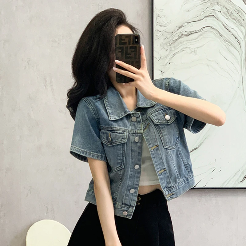 여성용 빈티지 블루 데님 재킷, 주머니가 달린 2024 여름 반팔 스트리트웨어, 레트로 청바지, 크롭 코트 의류