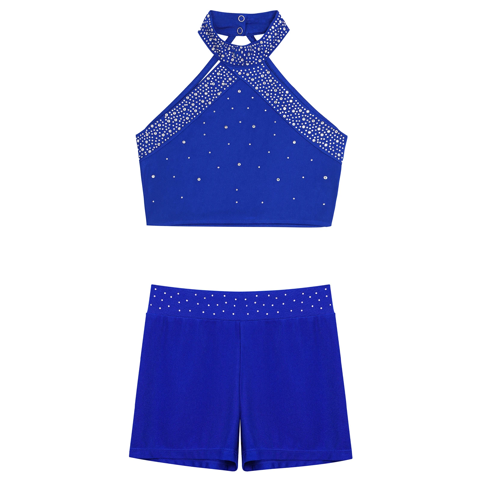 Kinder Mädchen Eiskunstlauf Gymnastik Tanz Outfit Glänzende Strasssteine Ärmellose Weste mit Shorts Ballett Bühnenkostüm – Detail 5