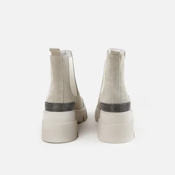 MUMANI 여성용 가죽 라운드 토 슬립온 앵클 부츠, 영국 스타일 솔리드 플랫, 레이디 슈즈, 2023 신상