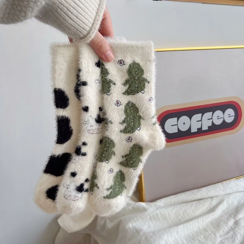 2 Pairs Cute Cow Spots Print Socks Thickened Warm Coral Fleece Socks Women's Stockings Hosiery womens socks