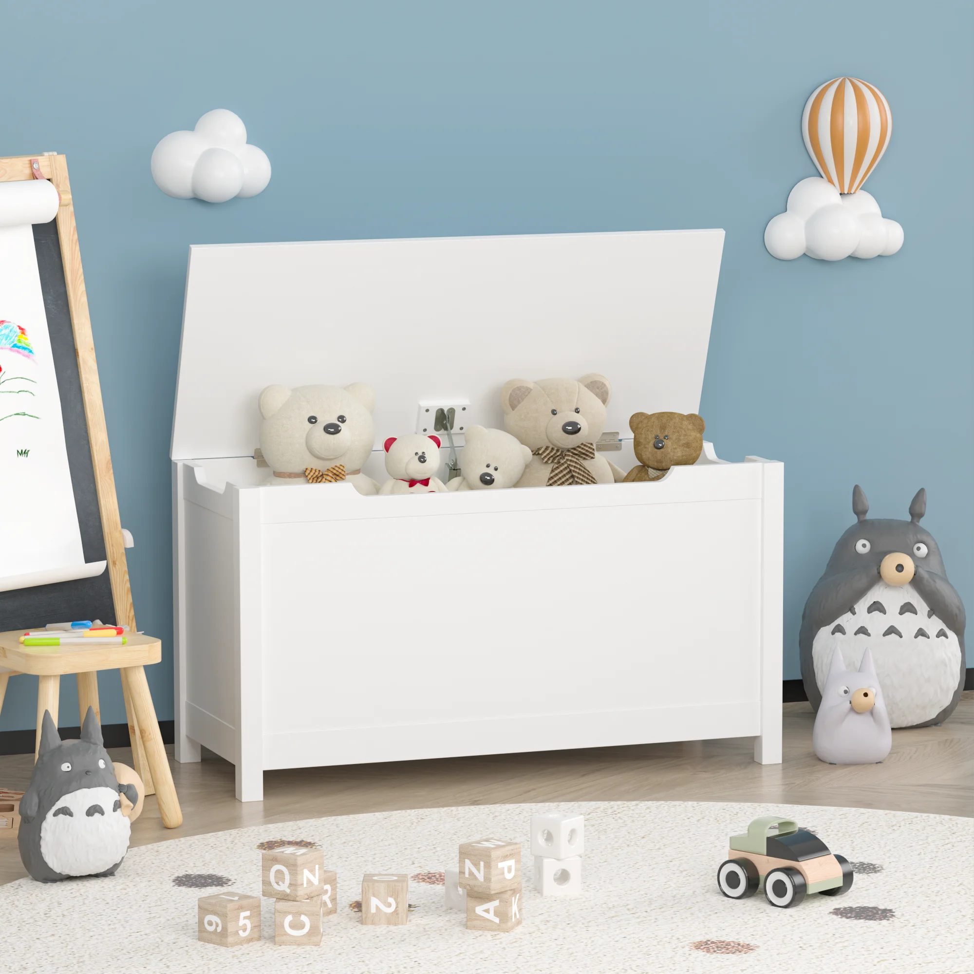 Toys Organizer Box Storage Ages 2+ Safety Hinged Lid Kids Wooden Toy Box Storage Toys Organizer