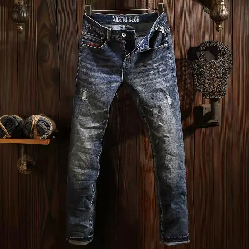 

Fashion Designer Men Jeans High Quality Retro Blue Stretch Slim Fit Ripped Jeans Men Italian Style Vintage Denim Pants Hombre
