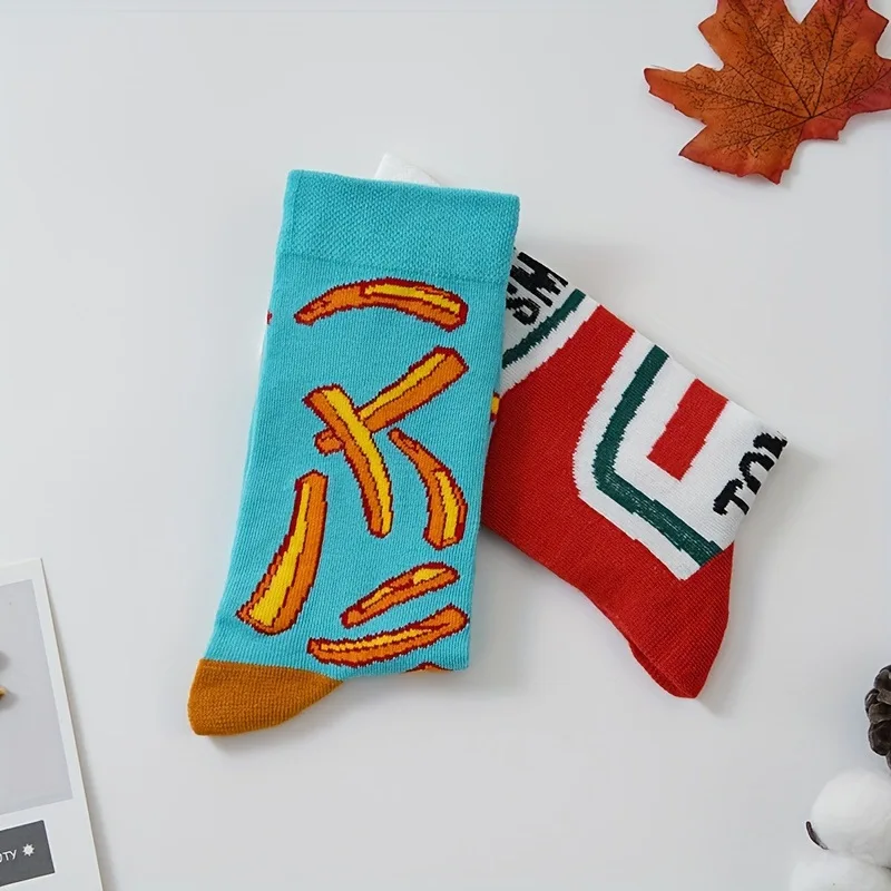 2 Paar lustige Unisex-Socken mit Tomaten-Ketchup- und Pommes-Frites-Aufdruck, mittelhohe Socken, modische Sport-Baumwollsocken, geeignet für alle Jahreszeiten – Detail 5