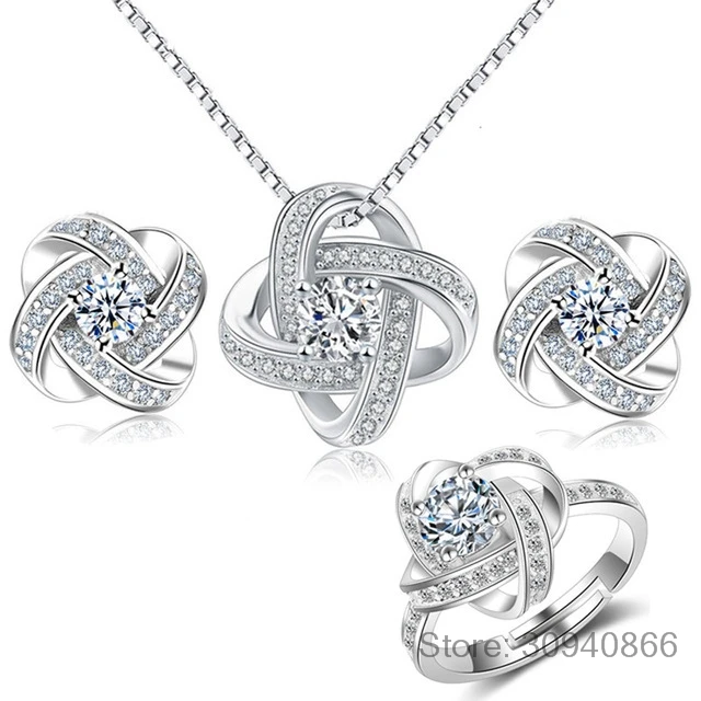 Set Di Gioielli In Argento Sterling 925 Per Le Donne Forever Love Twist Flower Zirconia Knot Collana + Orecchino + Anello Matrimonio Bijoux De Prata