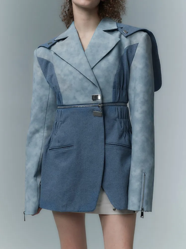 KBQ Colorblock Detachable Hem Blazers For Women Notched Collar Long Sleeve Spliced Zipper Loose Casual Blazer Female Fashion New