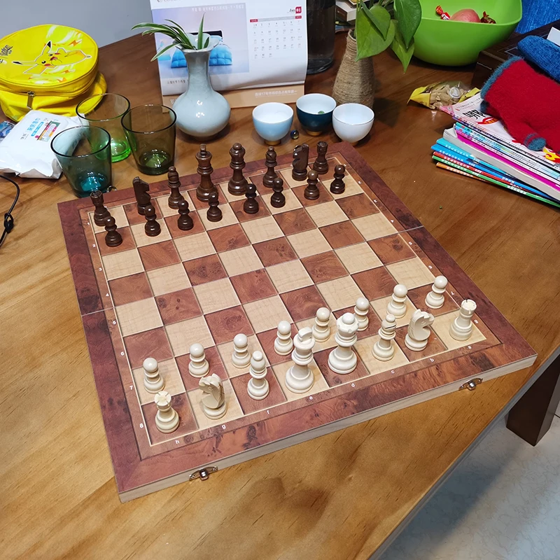 39 センチメートルチェスチェッカーバックギャモン 3 で 1 セット木製