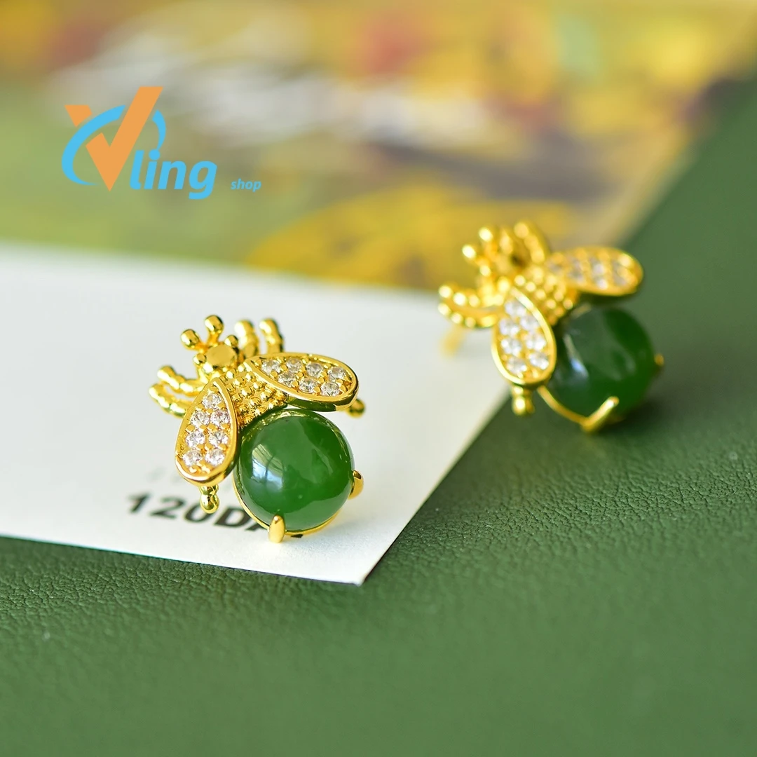 Copper inlaid Hotan Jade jasper courtesy of God little bee fashion earrings sweet girl Xia Xiaozhong earrings
