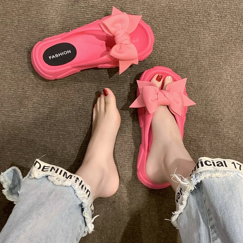 New Fashion Flip Flops Beach Bowknot Soft Bottom Wedge Slippers Women Outdoor Non Slip Thick Sole Clip Toe Slides Sandals