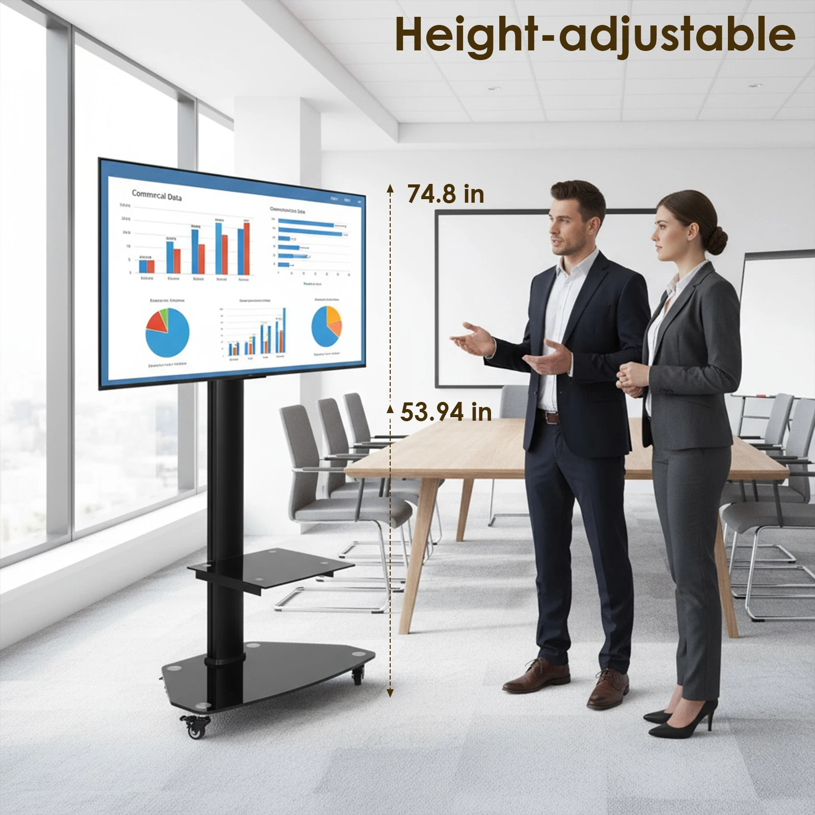 Rolling TV Moving Stand on Wheels Height Adjustable Floor Trolley Stand with Shelf Portable Mobile TV Cart for 37-70 Inch Screen