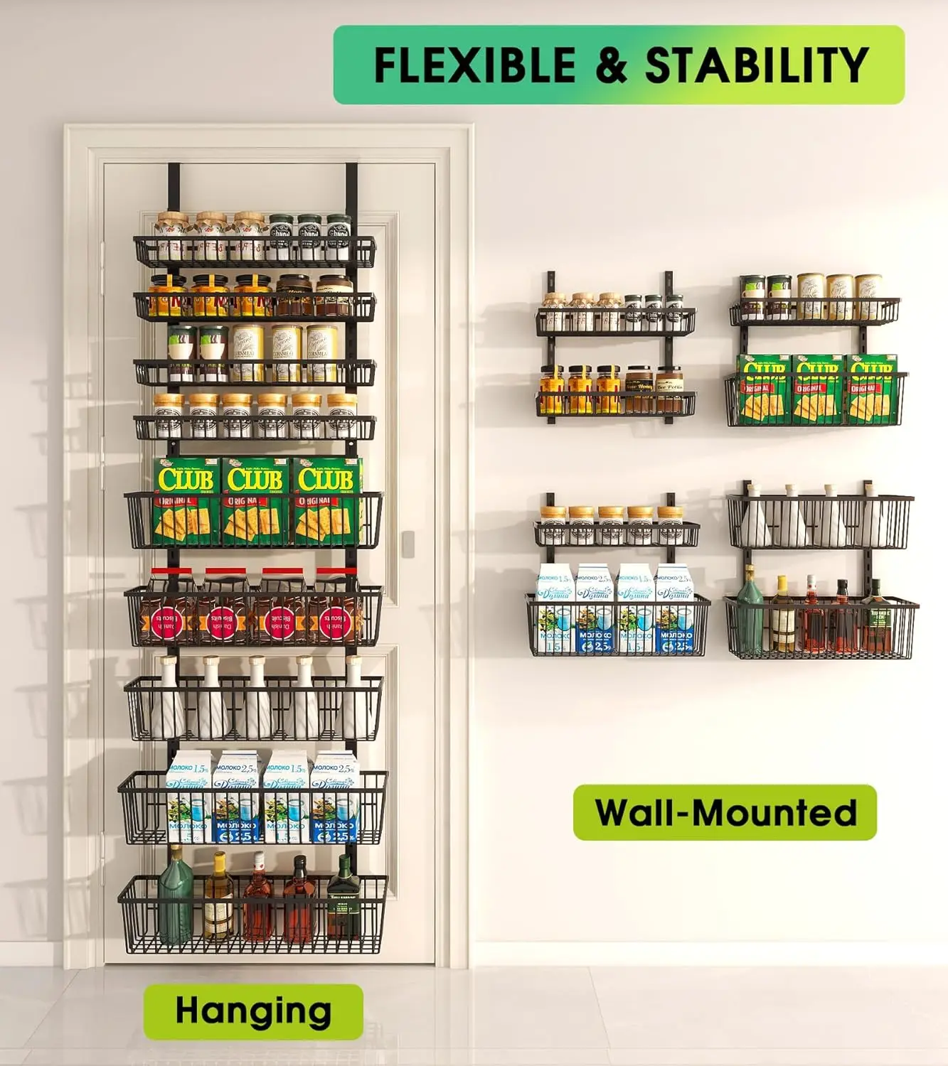 9-Tier Over The Door Pantry Organizer, Pantry Storage and Organization, Black Metal Hanging Spice Rack Seasoning Shelves Door, W 5