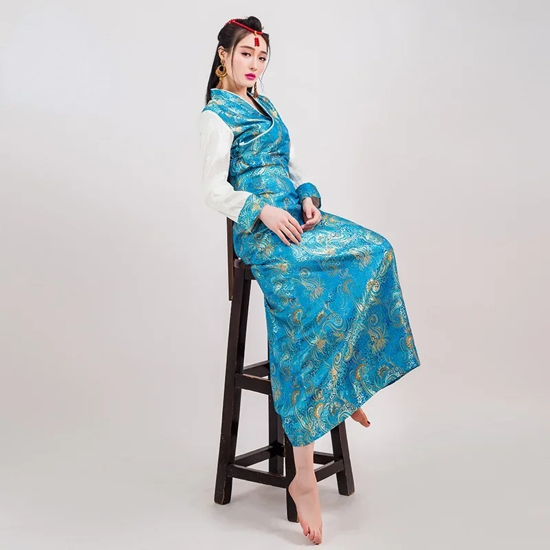 Tibetan Dress Blue Red Long Dress Women Oriental Qipao Lhasa Bora Clothing Satin Robes Cheongsams National Style Chinese Skirt