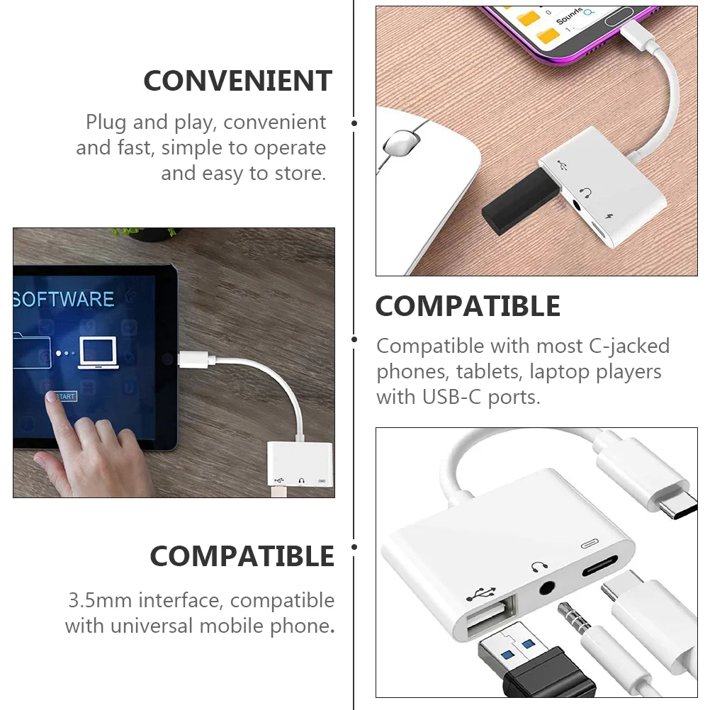 전문 C타입 헤드폰 어댑터, 노트북 전화 어댑터, 다기능 이어폰, USB 2.0, 충전, 3.5mm 조명