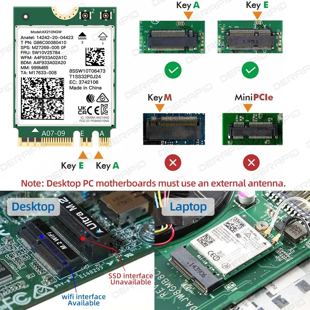 트라이 밴드 WiFi6E AX210NGW 5400Mbps 블루투스 5.4 802.11AX 무선 Wi-Fi 6E AX210 인텔 AX210NGW M.2 NGFF WiFi 카드 Win10/11용