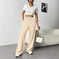 Lazy Style Wide Leg Pants with Women's Pockets Loose Drawstring Sports and Casual Floor Pants 1