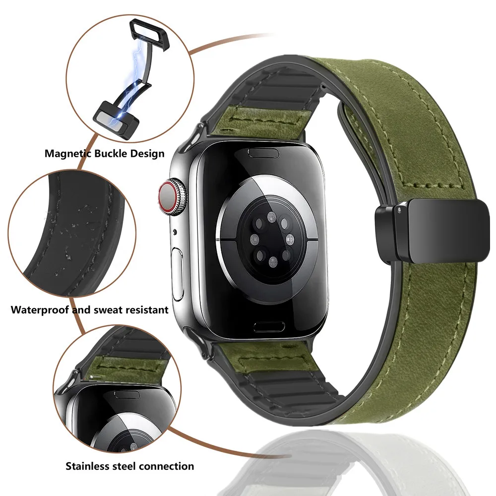 Magnetic Leather & Silicone Apple Watch Bracelet Band