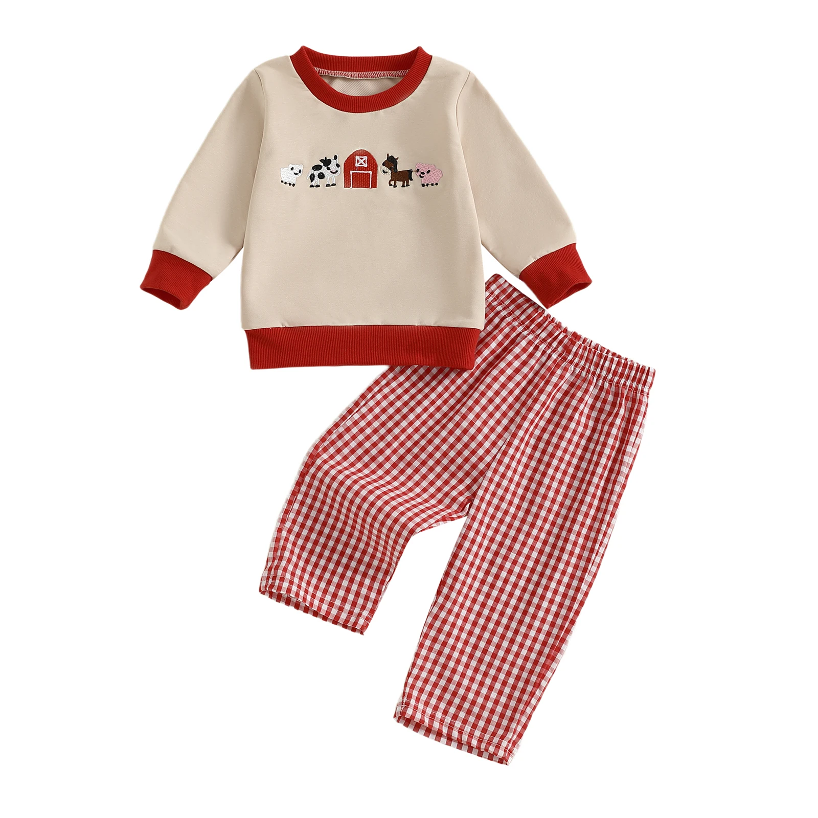 Plaid pants paired with the top in a playful jungle theme