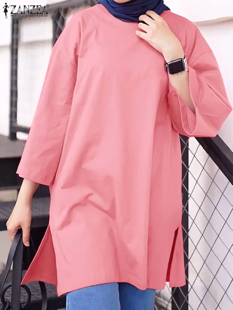 

Женская мусульманская блузка, модная Свободная рубашка, Осенние топы с круглым вырезом и рукавом 3/4, винтажный кафтан ZANZEA, повседневные однотонные блузы, изящная одежда