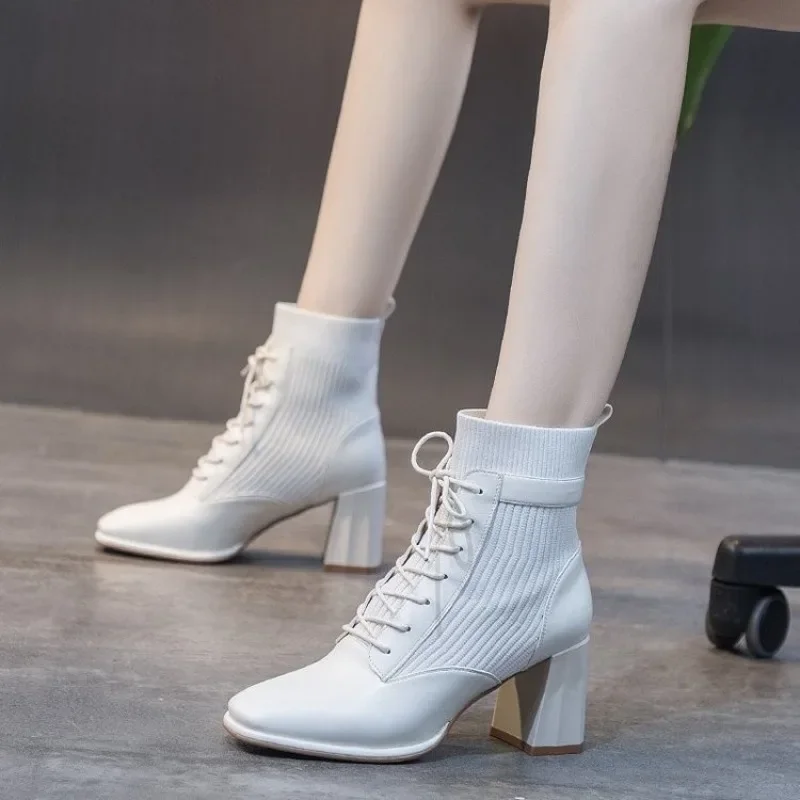 

Elastic Boots Women's High Heels, Thick Heels, Square Headed Mesh Panel, 2024 Spring/Autumn/Winter New Women's Boots