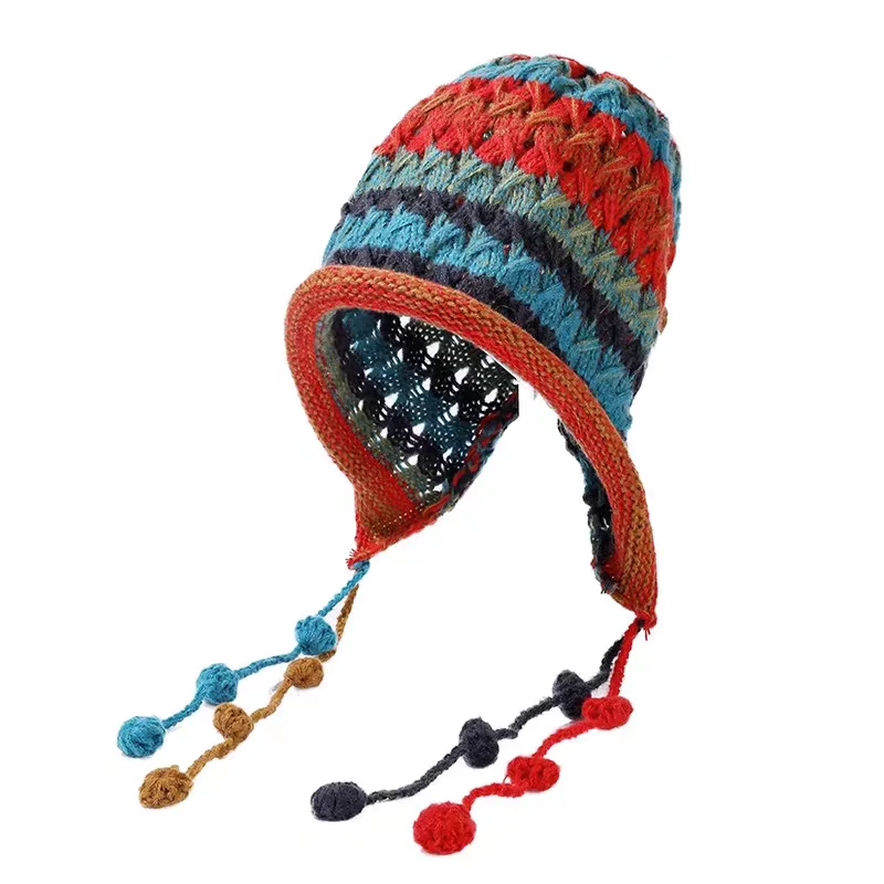 Winter Red Hat Women's Girl Autumn and Winter Warm Tassel Sweet and Cute Pullover Hat Handmade Knitted Ear Protection