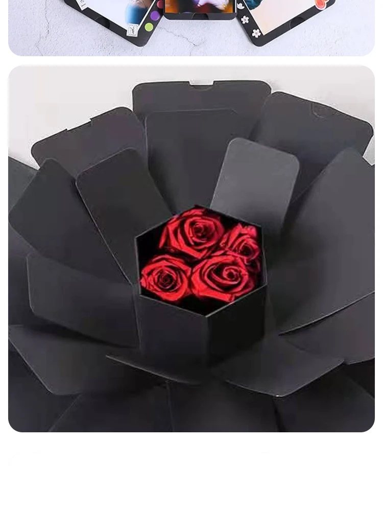 Explosion box photo album laid flat showing all layers