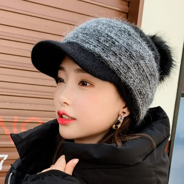 New Women Winter Thick Warm Fuzzy Knit Beanie Cap with Visor Bill Cute Pompom Cold Weather Windproof Skullies Baseball Cap