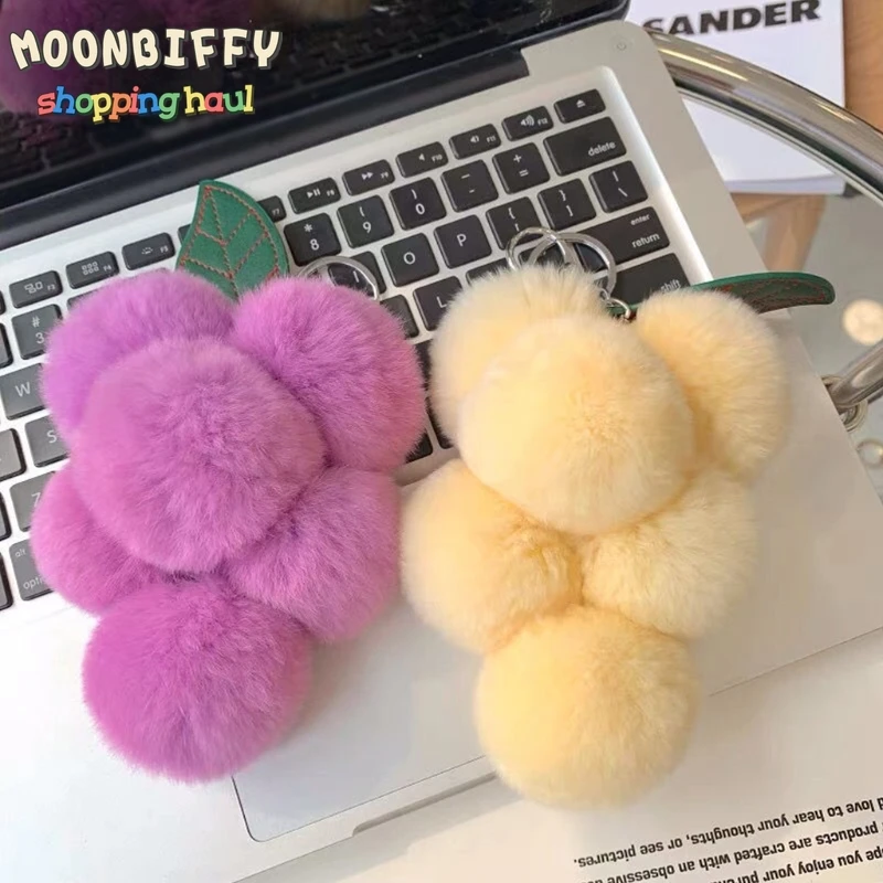 사랑스러운 플러시 키 체인, 포도 폼폼 키 체인, 푹신한 폼폼 키 체인, 모피 폼폼 키 링, 자동차 키 체인 펜던트 액세서리