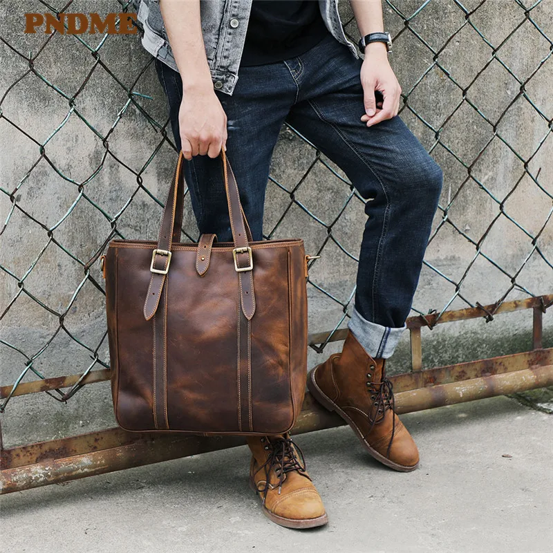 Vintage large-capacity crazy horse cowhide men's tote bag organizer natural genuine leather work handbag shoulder messenger bags