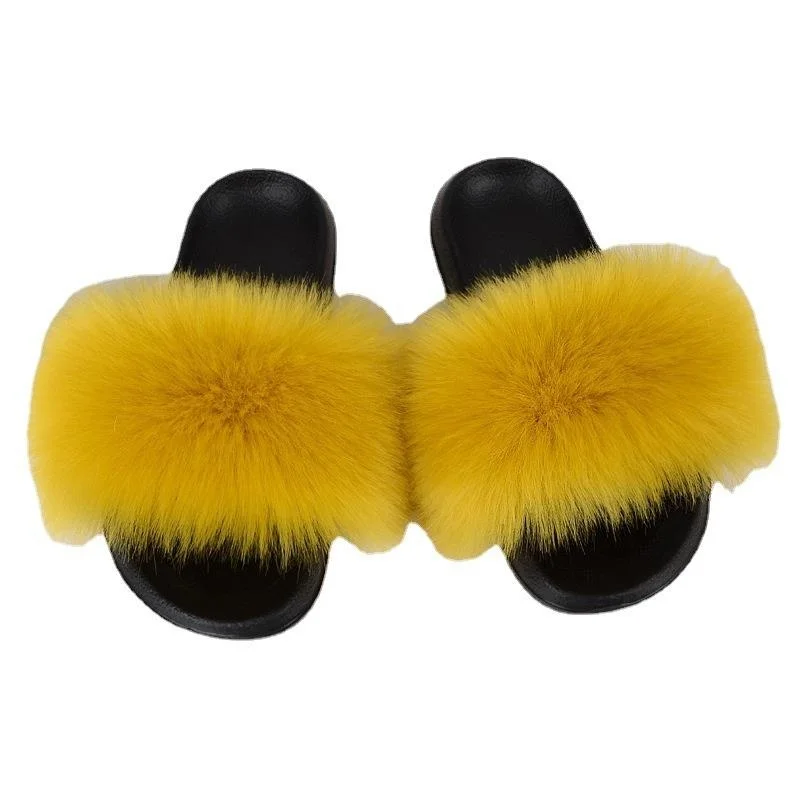Summer Faux Fur Slides for Women Furry Fake Fur Slippers Outdoor Beach Fluffy Flat EVA Sole Soft Ladies Plush Flip Flops Woman