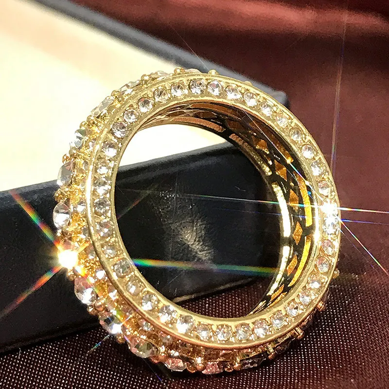 

Real 14k Gold Color Gold Full Diamond Round Wedding Ring for Women Men Engagement Party Accessories Rings Jewelry Gifts