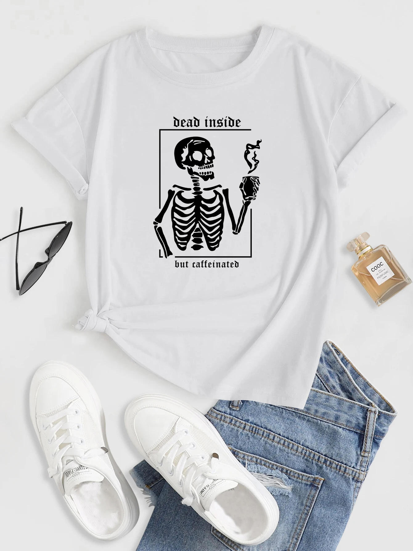 T-shirt girocollo con stampa 'Dead inside But Caffeinated', T-shirt estive casual a maniche corte larghe e alla moda, da donna_voghion.com