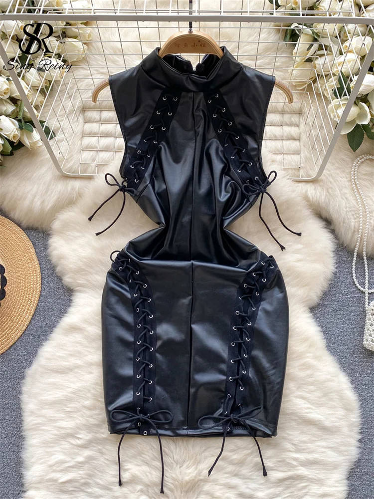SINGREINY American Sexy PU Leather Dress Women Lace Up Cross Bandage Design  Fashion Half High Collar Sleeveless Slim Midi Dress - AliExpress 200000345