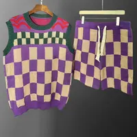 2023 Men Breathable Comfortable 2 Piece Set High Quality Contrast Stripe Knit Sleeveless Tank Top +Short Homme Camisetas Hombre 1