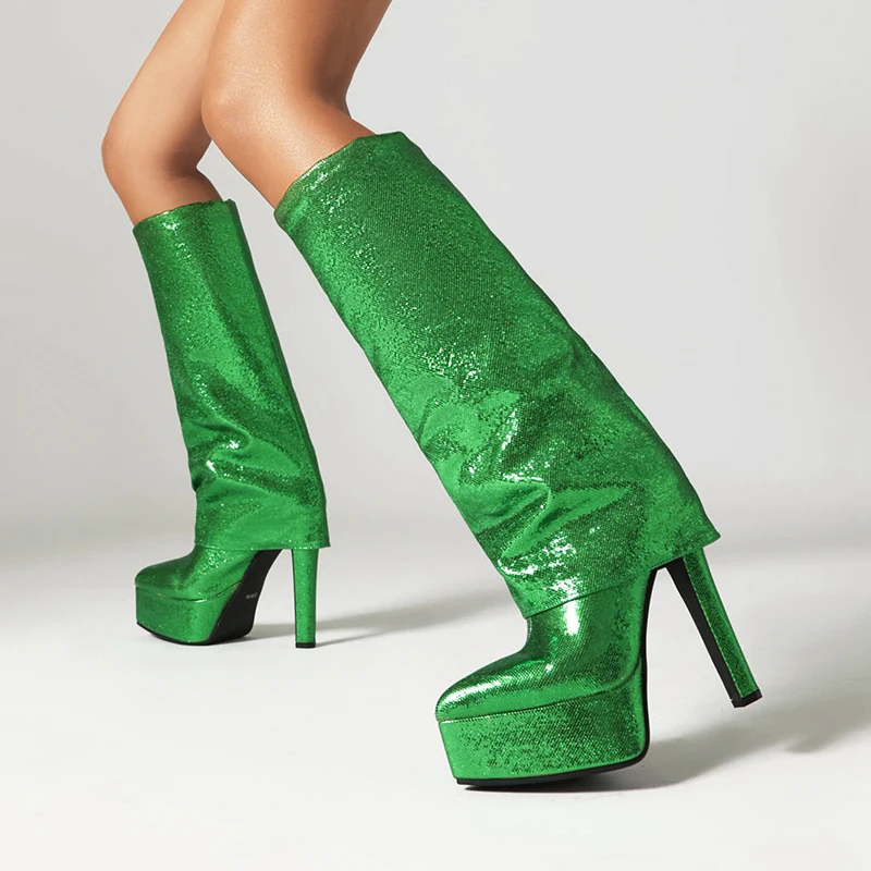 Kcenid Bling Bling Long Women Boots 2023 Winter Platform Blue High Heels Thick Bottom Slip On The Knee High Boots Woman Shoes